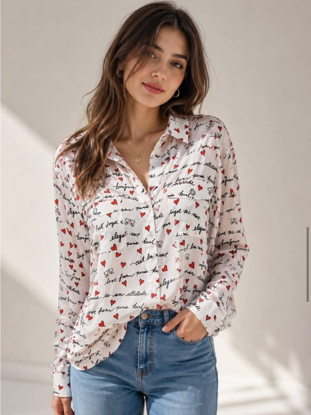Karl Lagerfeld Paris Whimsy Button Front Blouse Heart Sz XL